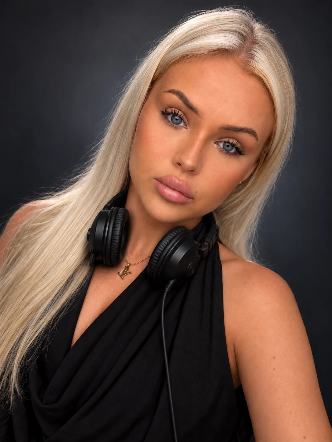 Lilly Favarin wearing black with headphones around her neck